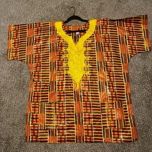 African Print Dashiki Shirt with Gold Embroidery